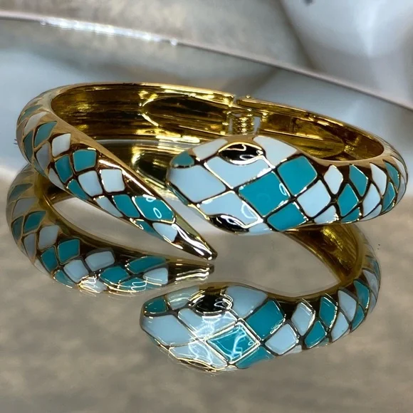 Snake Cuff Bracelet Gold-plated Inlaid Teal & White Enamel Bangle Bracelet sze 8
